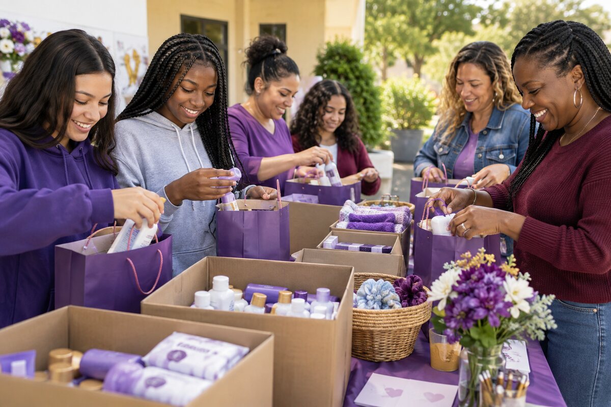 Teen girls and women volunteers preparing care packages