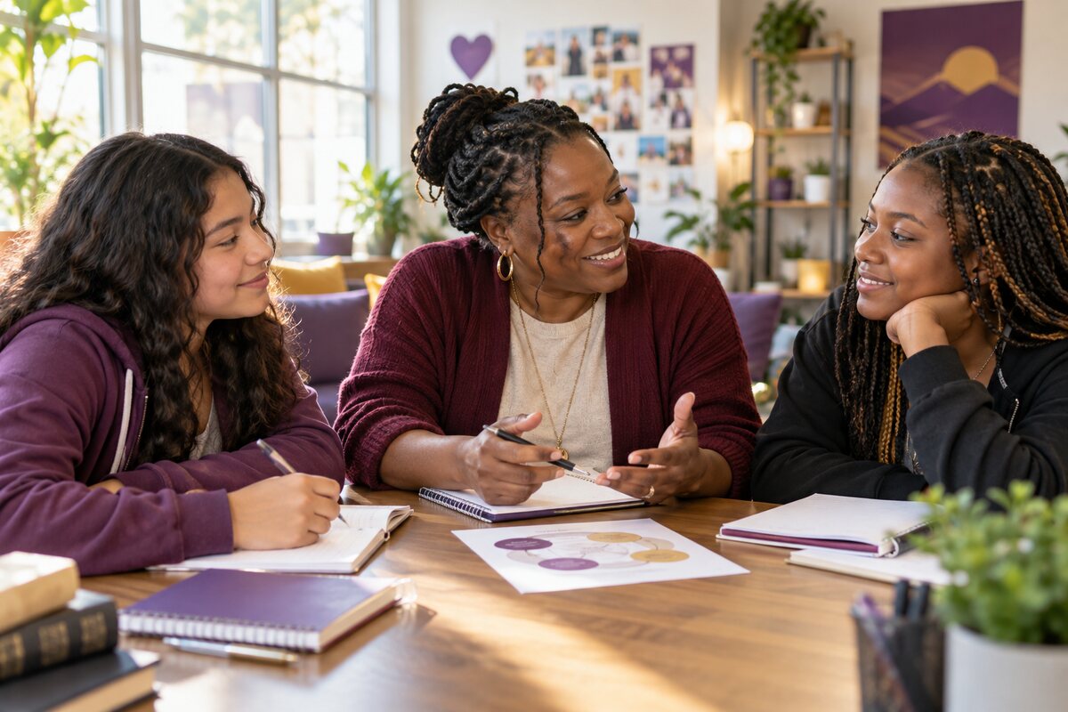 A woman mentor helping teenage girls plan their goals